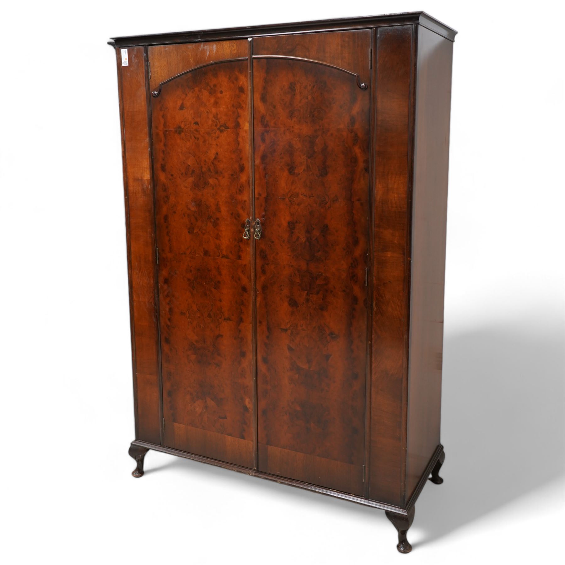 Mid-20th century figured walnut double wardrobe (W126cm, H189cm, D56cm); matching dressing table (W110cm, H153cm); with chair and stool