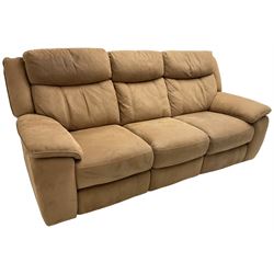 Electric reclining three-seat sofa (W213cm, H100cm) and matching armchair (W109cm) upholstered in brown fabric