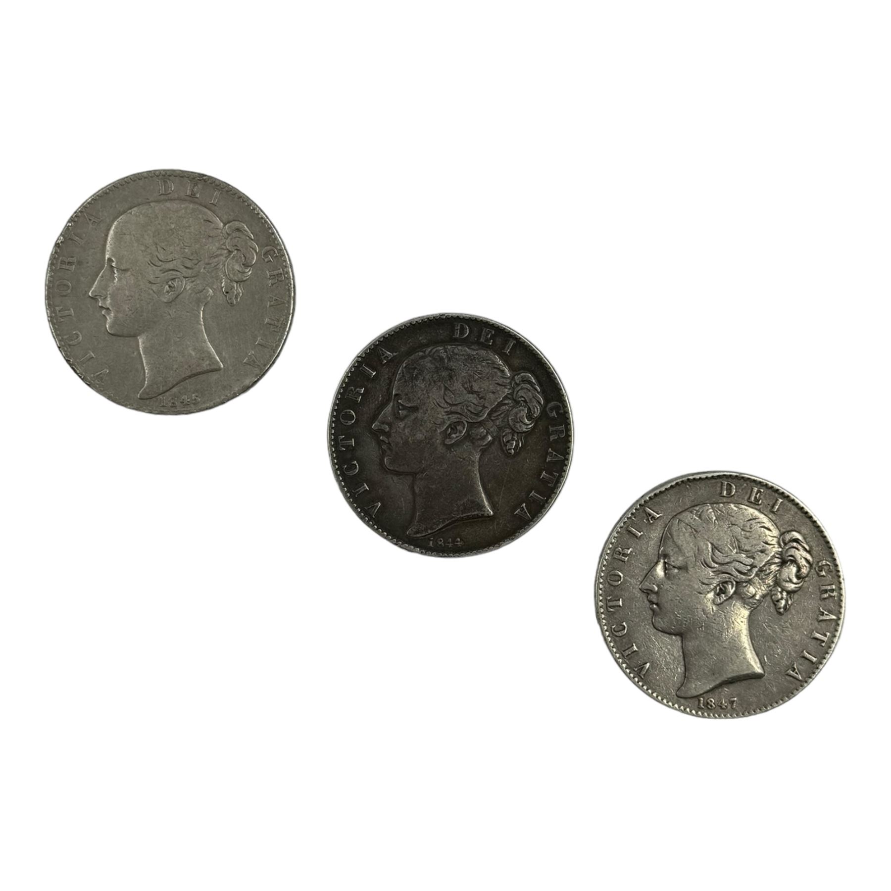 Three Queen Victoria young head silver crown coins, dated 1844, 1845 and 1847