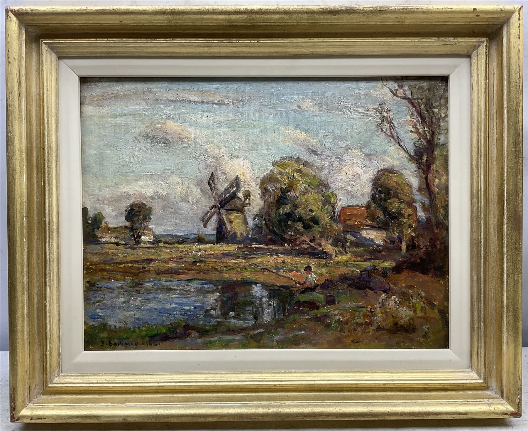 John Bowman (Staithes Group 1872-1923): 'The Mill - Barnet Gate', oil on canvas board signed and dated 1921, titled verso 30cm x 40cm 
Provenance: private collection, purchased T B & R Jordan Fine Art Specialists, Stockton on Tees 2005, label verso. Bowman is recorded as living at Elstree until his death on 12th October 1923, just three miles from Barnet Gate.