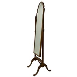 Georgian design walnut cheval dressing mirror, shaped and stepped arch top, tapered supports with finials, on shaped splayed supports 