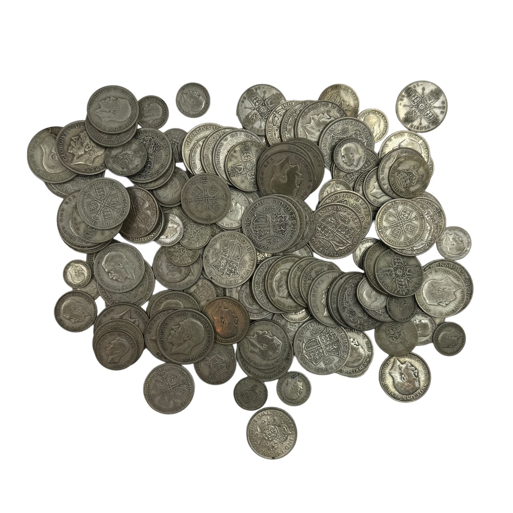 Approximately 1280 grams of Great British pre 1947 silver coins, including threepences, sixpences, one shillings etc