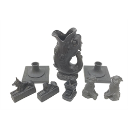 Wedgwood Basalt stoneware comprising: Foo Dog salt and pepper pots, pair of Classical style candlesticks with Greek Key decoration, Gurgle Jug and three matching resin figures (8)