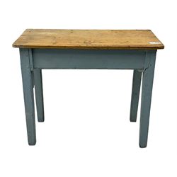 Rustic pine side table, blue painted base