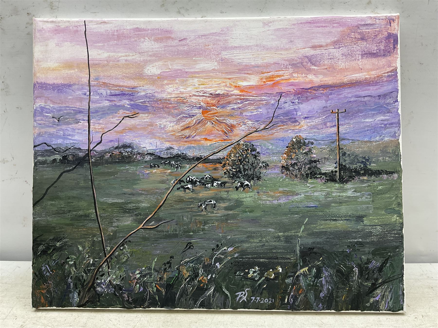 Paula Seller (Northern British Contemporary): 'Rural Sunset', acrylic on canvas signed with monogram and dated 2021, titled verso 41cm x 51cm (unframed)