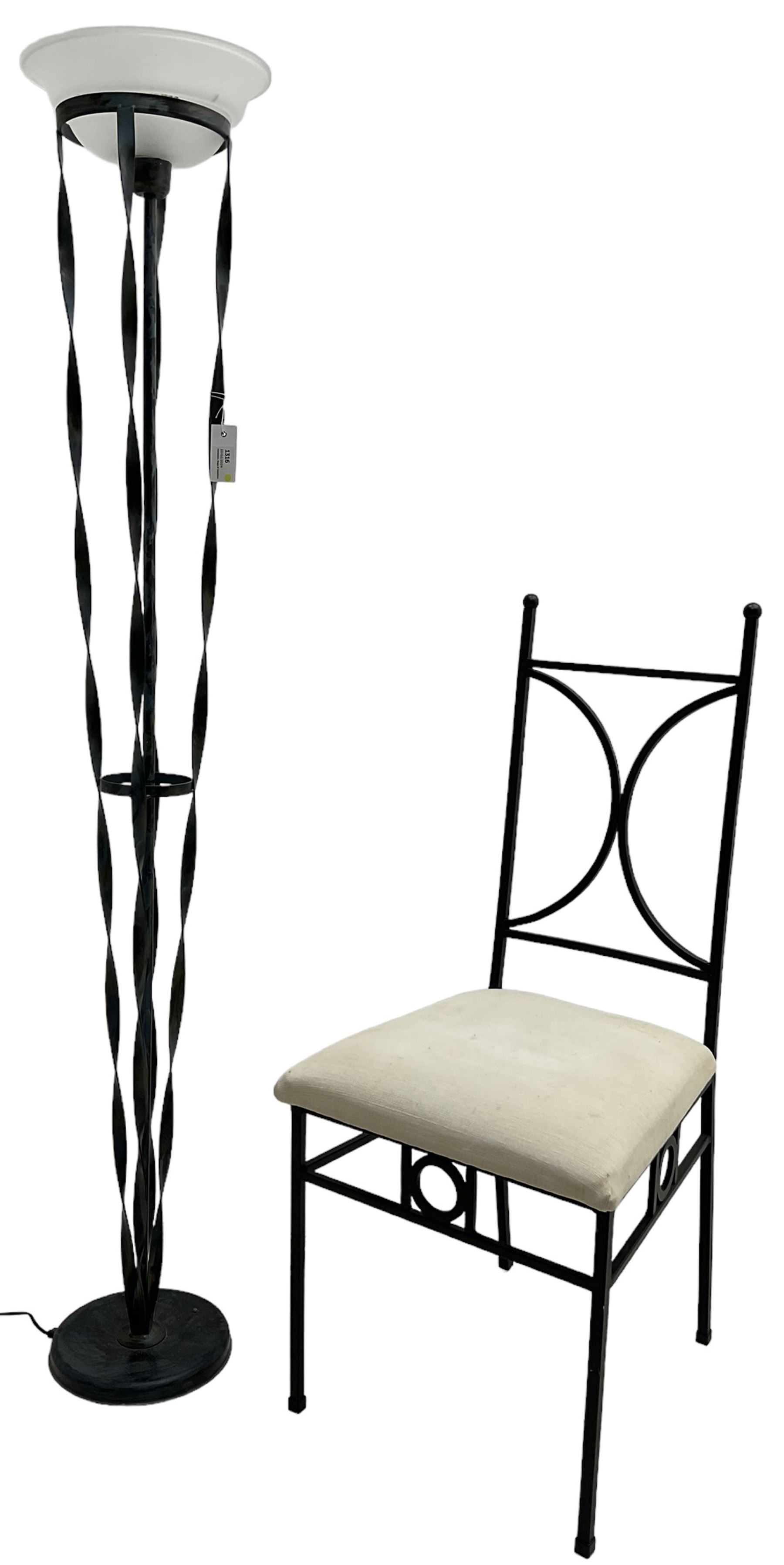 Wrought metal standard lamp (H170cm); wrought metal side chair with curved X-framed back over upholstered seat (W49cm)