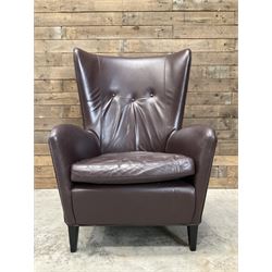 Wing back armchair upholstered in cocoa brown leather