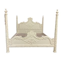 French design white finish 6' Super Kingsize four poster bed, shaped head and footboards decorated with flower heads and scrolled foliage, finialed reed moulded upright posts with intertwined ribbon