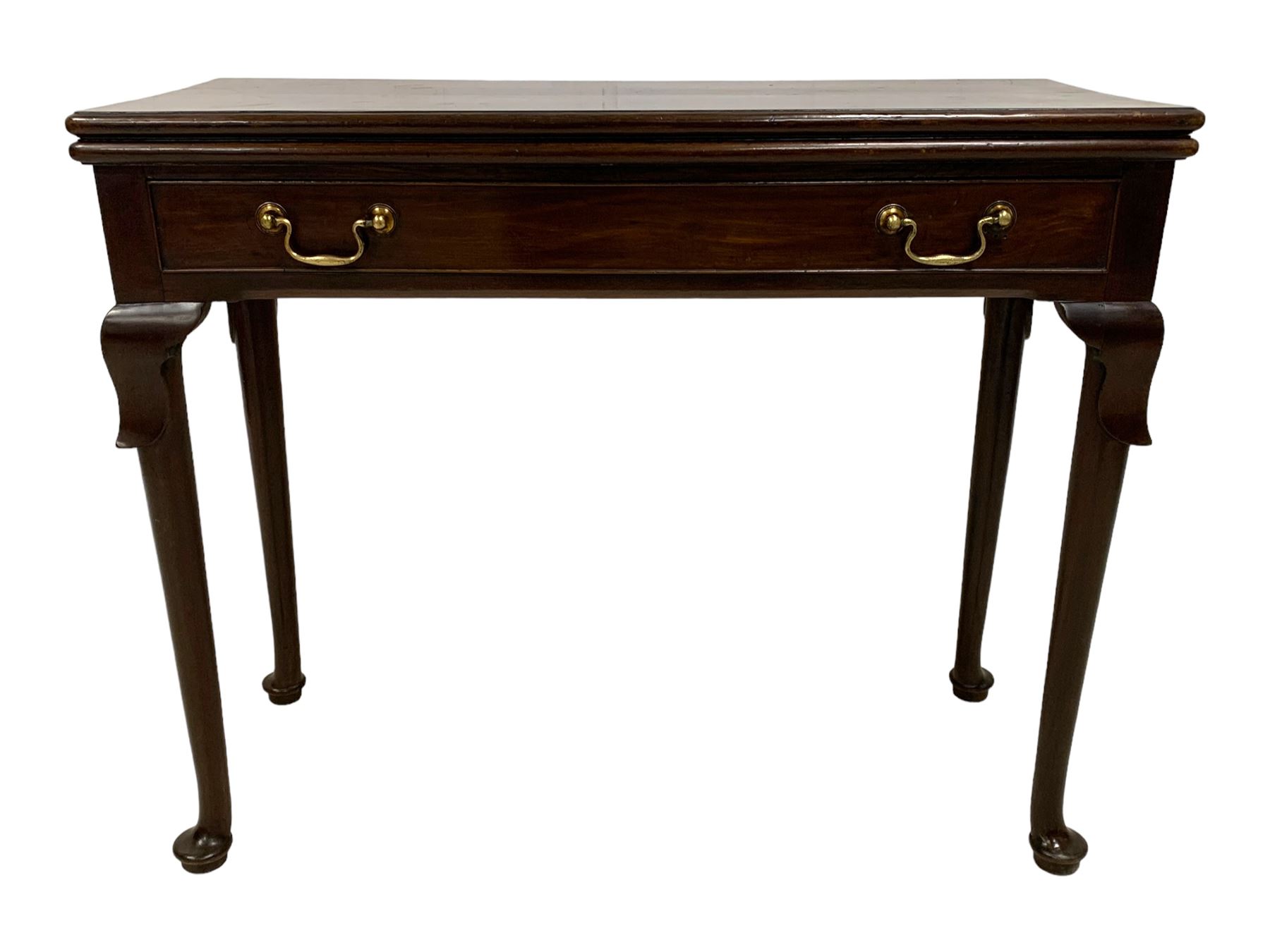 George III mahogany card table, moulded rectangular fold-over top revealing baize lined interior, single cocked-beaded frieze drawer with brass swan neck handles, on lappet carved cabriole supports, double gate-leg action base 