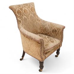 Early 19th century mahogany framed armchair, curved form with rolled cresting, upholstered...