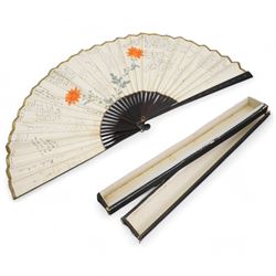 Late 19th century Japanese hand painted paper and stained bamboo folding fan, decorated to...