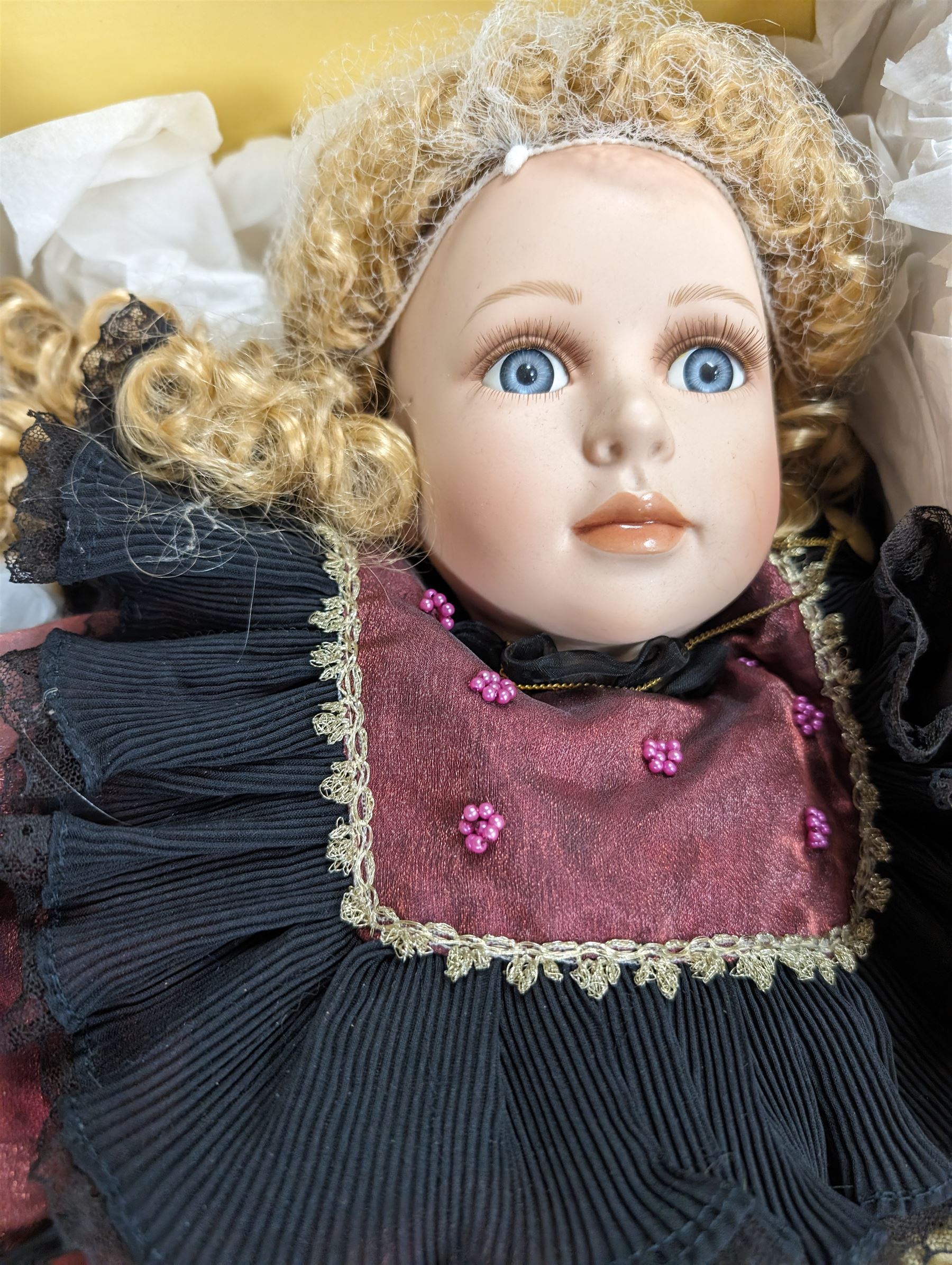 Deans Ragbook Dolly Dingle, limited edition Knightsbridge Heirloom series porcelain doll, and other soft toys