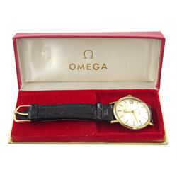 Omega Seamaster De Ville gentleman's gold capped and stainless steel manual wind wristwatch, Cal. 613, silvered dial with date aperture, on black leather strap, boxed