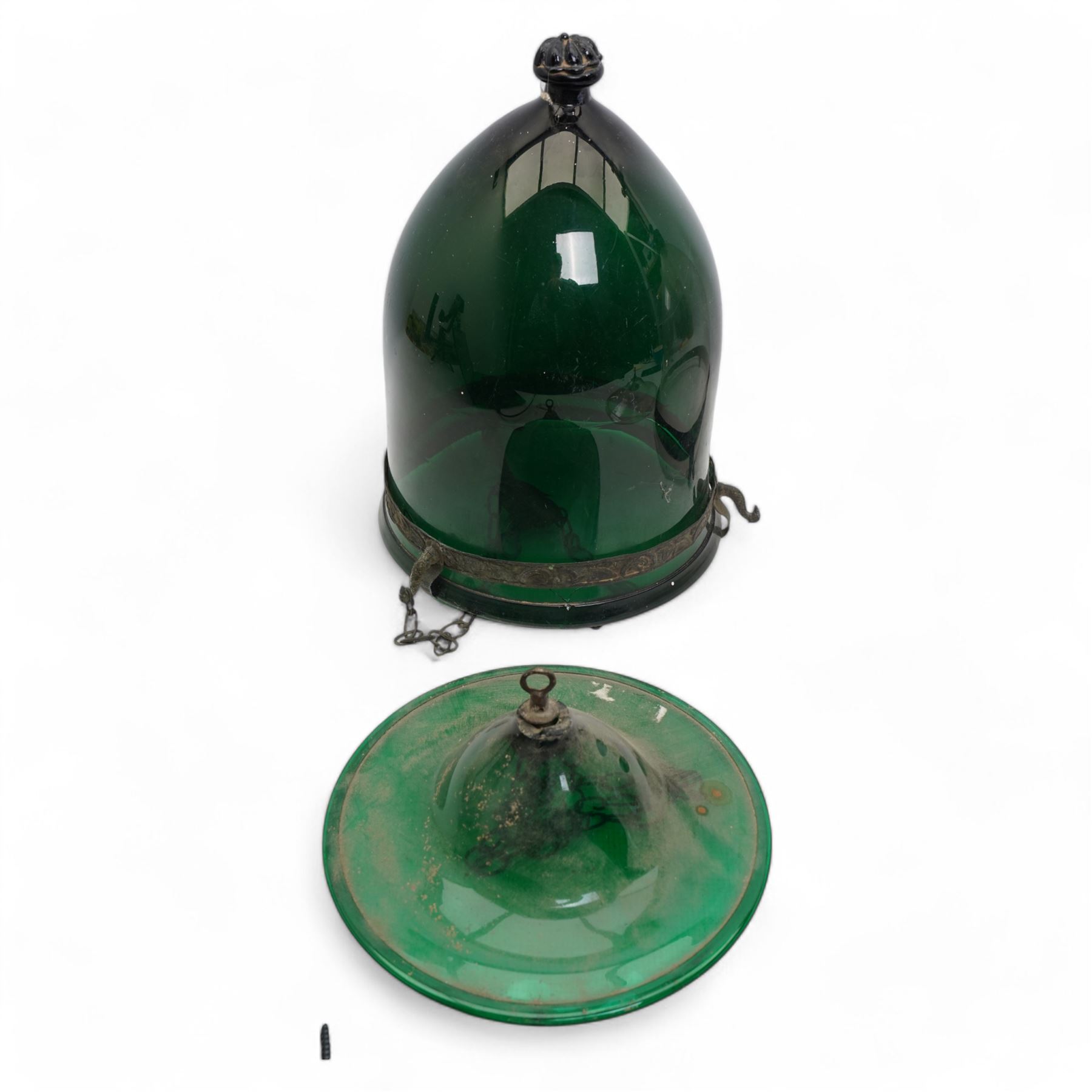 Clear glass Indian Hundi ceiling lamp with metal mounts and glass plate, shade H40cm and another in green H33cm (2)