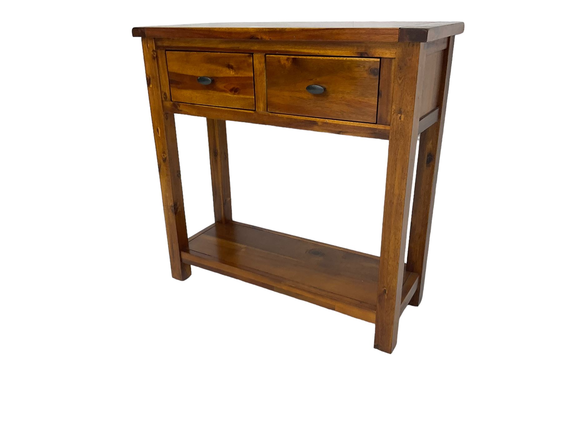 Hardwood side or hall table, rectangular top over two drawers, on square supports joined by undertier 