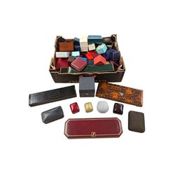 Collection of jewellery boxes, including leather, velvet and wooden examples