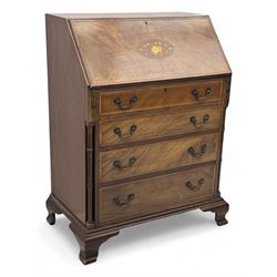 Georgian design mahogany bureau, moulded fall front with central floral inlays and satinwo...