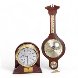 Sewills mahogany and brass cased ships type clock, with brass presentation plaque inscribed 'Boroughbridge Cold Store Project 1997', H24cm, Clevedon aneroid barometer, L57cm (2)