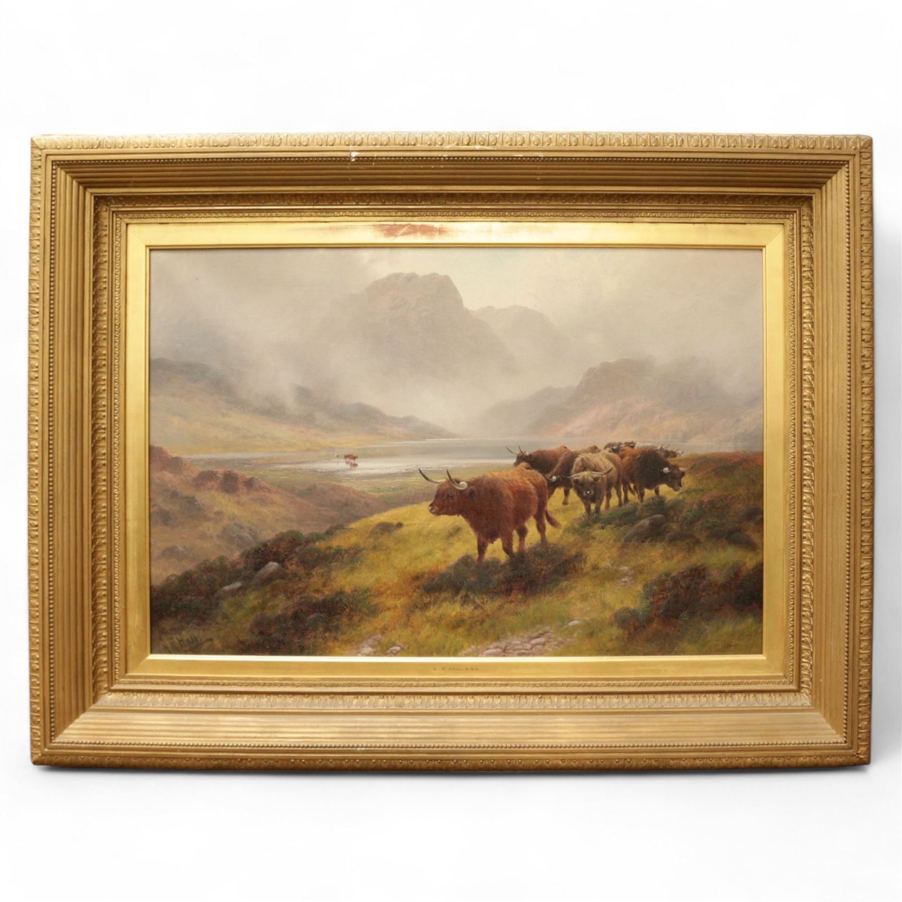 Henry Robinson Hall (British 1859-1927): 'Highland Rovers - Loch Lubnaig', oil on canvas signed, inscribed verso 59cm x 90cm