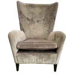 2 x Wing back armchair upholstered in silver crushed velvet fabric