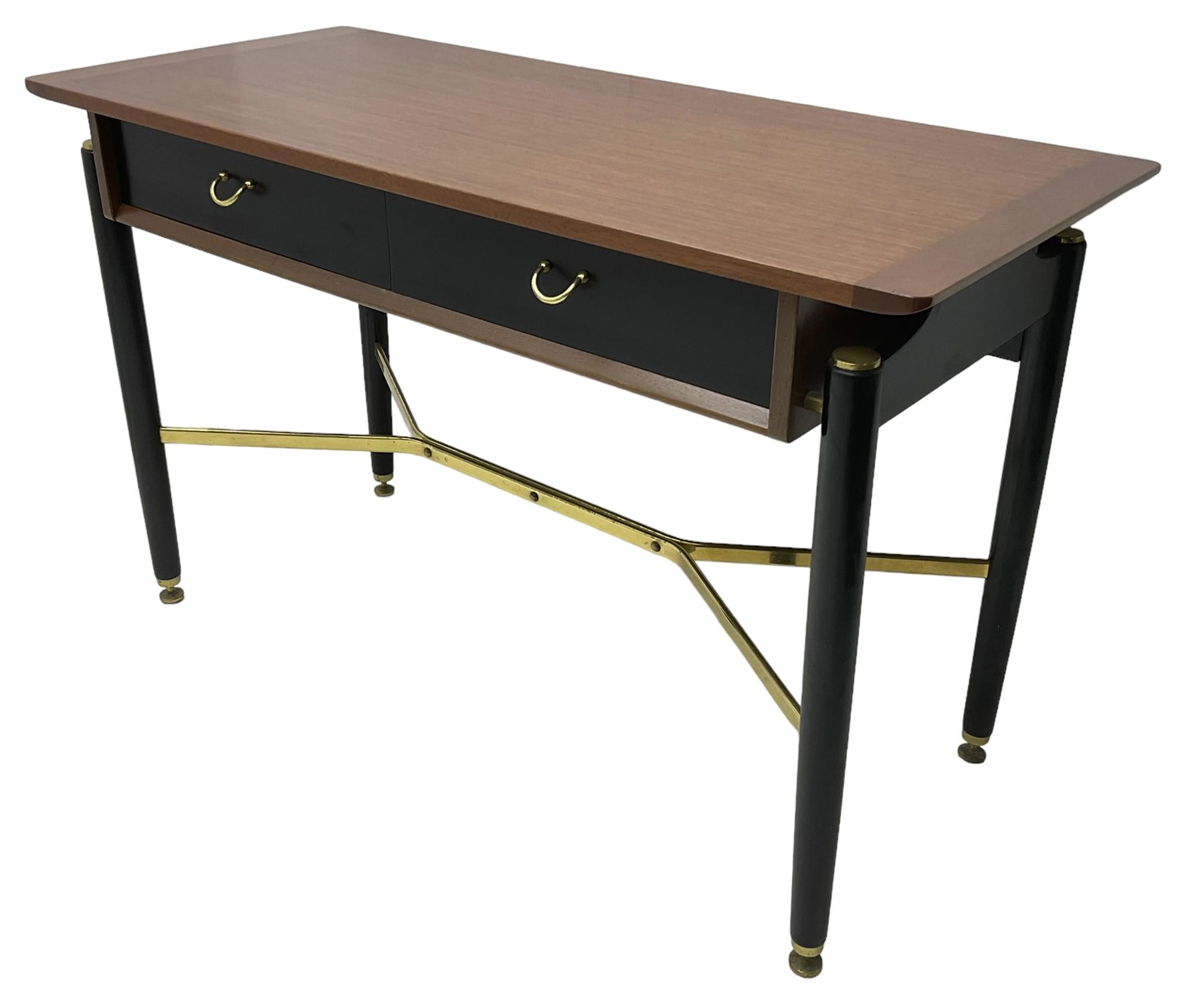 E. Gomme for G-Plan - ‘Librenza’ afrormosia and black finish console, fitted with two drawers, on turned supports united by brass stretchers