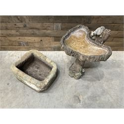 Small 19th century square stone trough and a cast stone bird bath