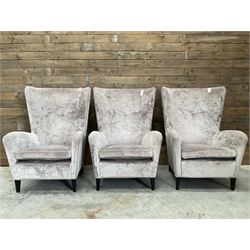 4 x Wing back armchair upholstered in silver crushed velvet fabric