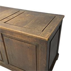 19th century pine blanket chest, double panelled hinged lid over panelled front and sides, on bracket feet