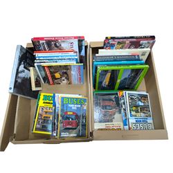 Railway and transport reference books, including several editions of Buses Year Book 1981-1992, in two boxes