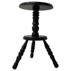 20th century 'primitive' design three-legged cricket table, circular moulded top on turned pedestal, circular moulded low platform over three turned and splayed supports 