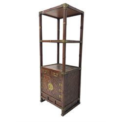 Chinese design bamboo and wood what-not or etagere, parquetry lattice-work bamboo, three tiers over two small drawers and cupboard