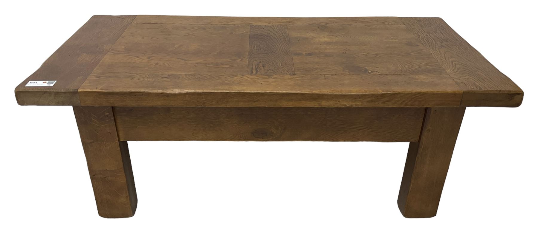 John Lewis - 'Bergerac' oak coffee table, rectangular plank top with single drawer to the longer side, on square supports 