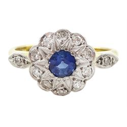 18ct gold round cut sapphire and milgrain set single cut diamond cluster ring