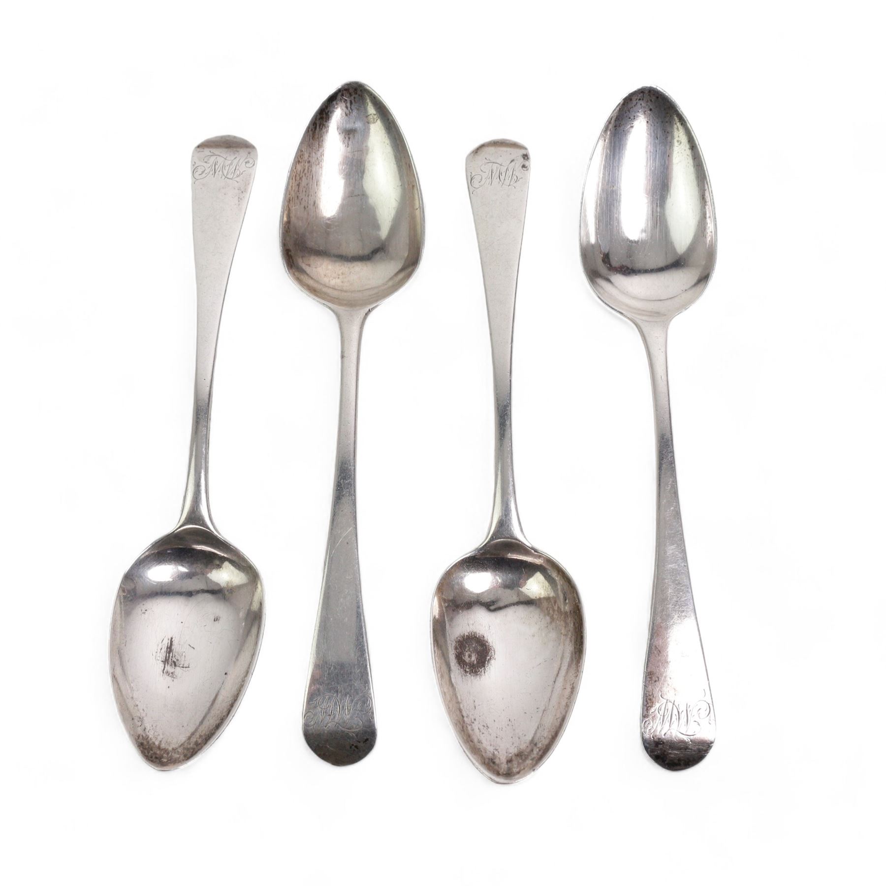 Four George III silver tea spoons London 1798, various other spoons and a carving knife and fork with silver mounts