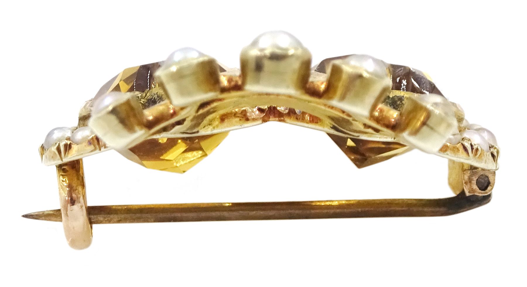 19th / early 20th century gold citrine and seed pearl double heart brooch, surmounted by a coronet, stamped 9ct