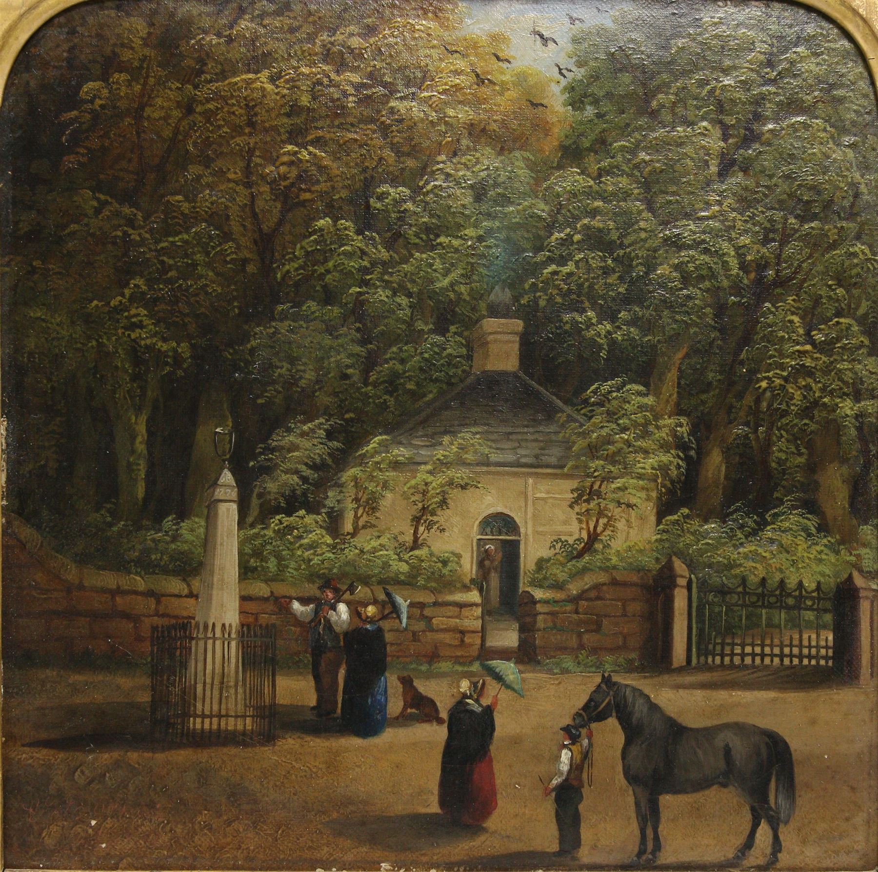 Edward Charles Barnes (British 1830-1882): 'The Lodge - Ashfield', oil on canvas signed and dated 1860, inscribed verso, framed in ornate scroll moulded gilt and gesso swept frame 24cm x 24cm