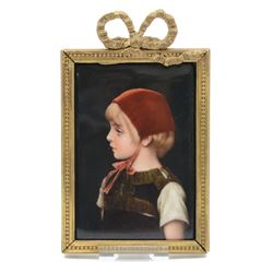 Late 19th/early 20th century German hand painted porcelain plaque, depicting a young girl ...