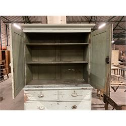 19th century pale blue painted pine housekeepers cupboard, double panelled cupboard enclosing two shelves over two short and three long drawers, on turned feet - THIS LOT IS TO BE COLLECTED BY APPOINTMENT FROM THE OLD BUFFER DEPOT, MELBOURNE PLACE, SOWERBY, THIRSK, YO7 1QY