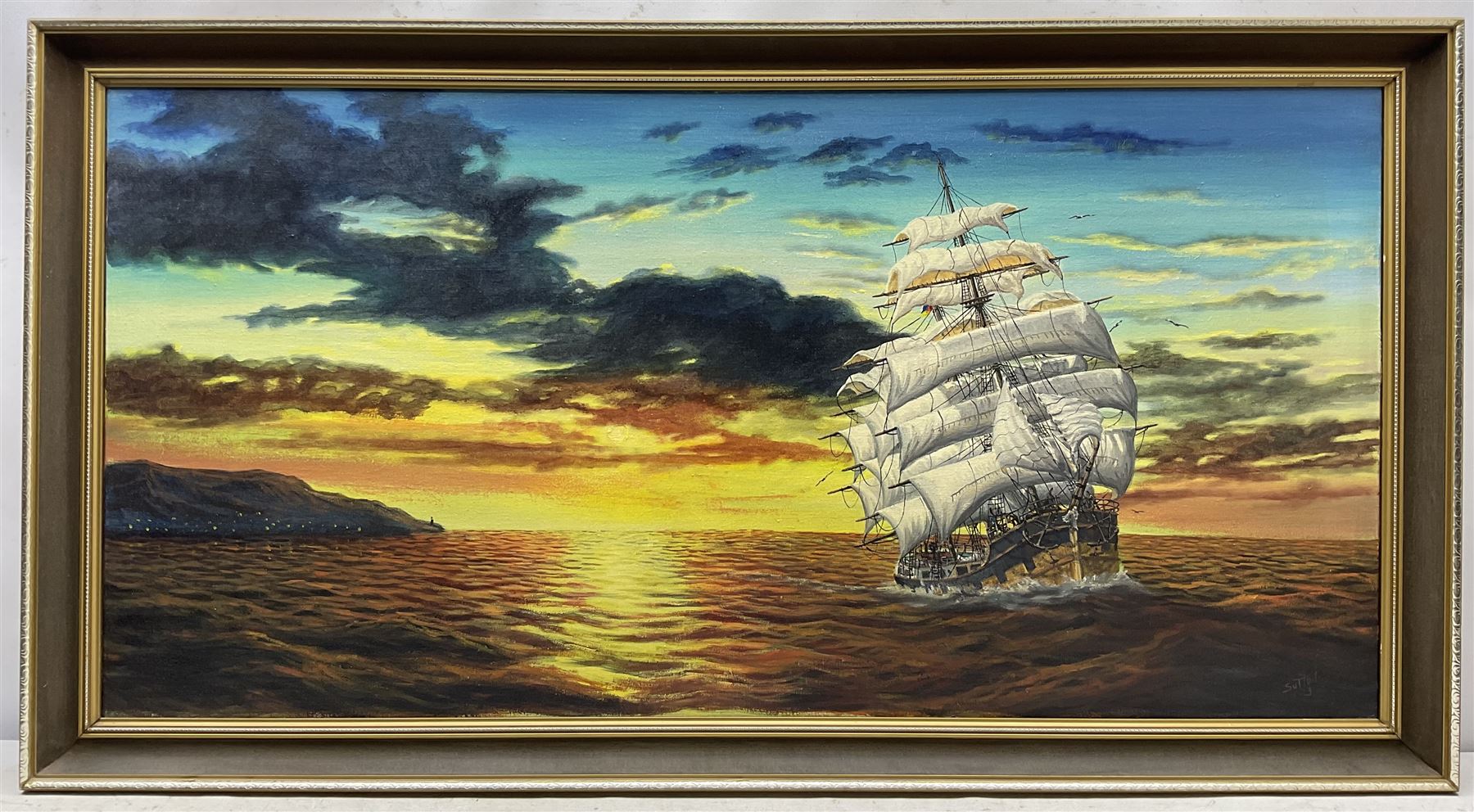 Keith Sutton (British 1924-1991): Privateer off the Coast at Sunset, oil on canvas signed 60cm x 122cm