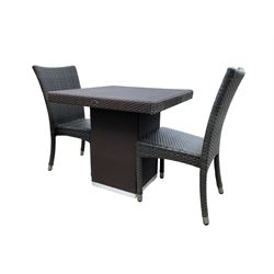 4 x Skyline Design square rattan garden table and two chairs (maroon/grey)