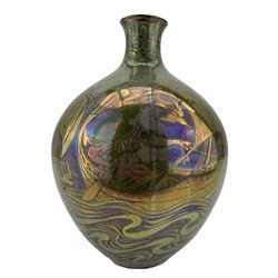 Pilkington's Royal Lancastrian Sea Maiden vase, by Walter Crane and William Slater Mycock, on a blue ground, impressed mark 1905-1913, cyphers for Walter Crane and William Slater Mycock, no 2472, H25.5cm (restored)