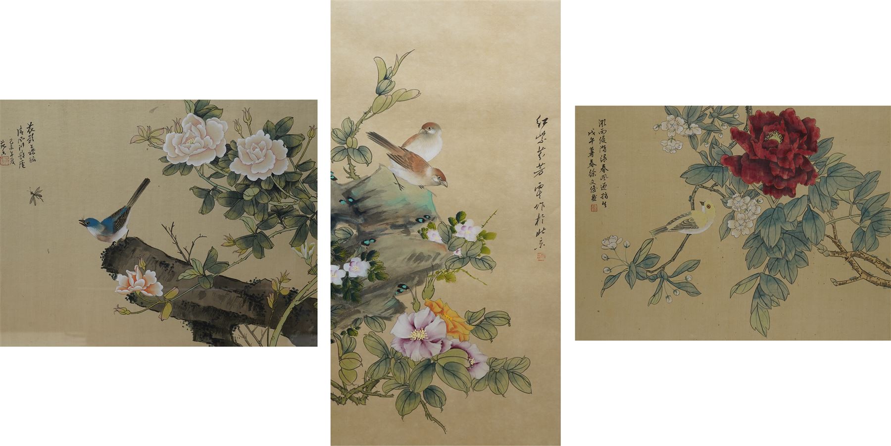 Chinese School (20th Century): Birds on Branches, set of three gouaches on silk bearing inscriptions max 63cm x 31cm (3) 