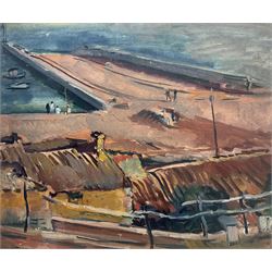 Philip Naviasky (Northern British 1894-1983): The Pier, oil on board unsigned, authenticated by the artist's wife Millie on label verso 36cm x 44cm