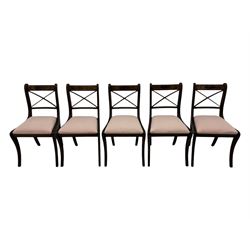 Set of ten (8+2) Regency design mahogany and brass inlaid dining chairs, bar cresting rail over x-framed back, upholstered drop-in seats, moulded frame and sabre supports 