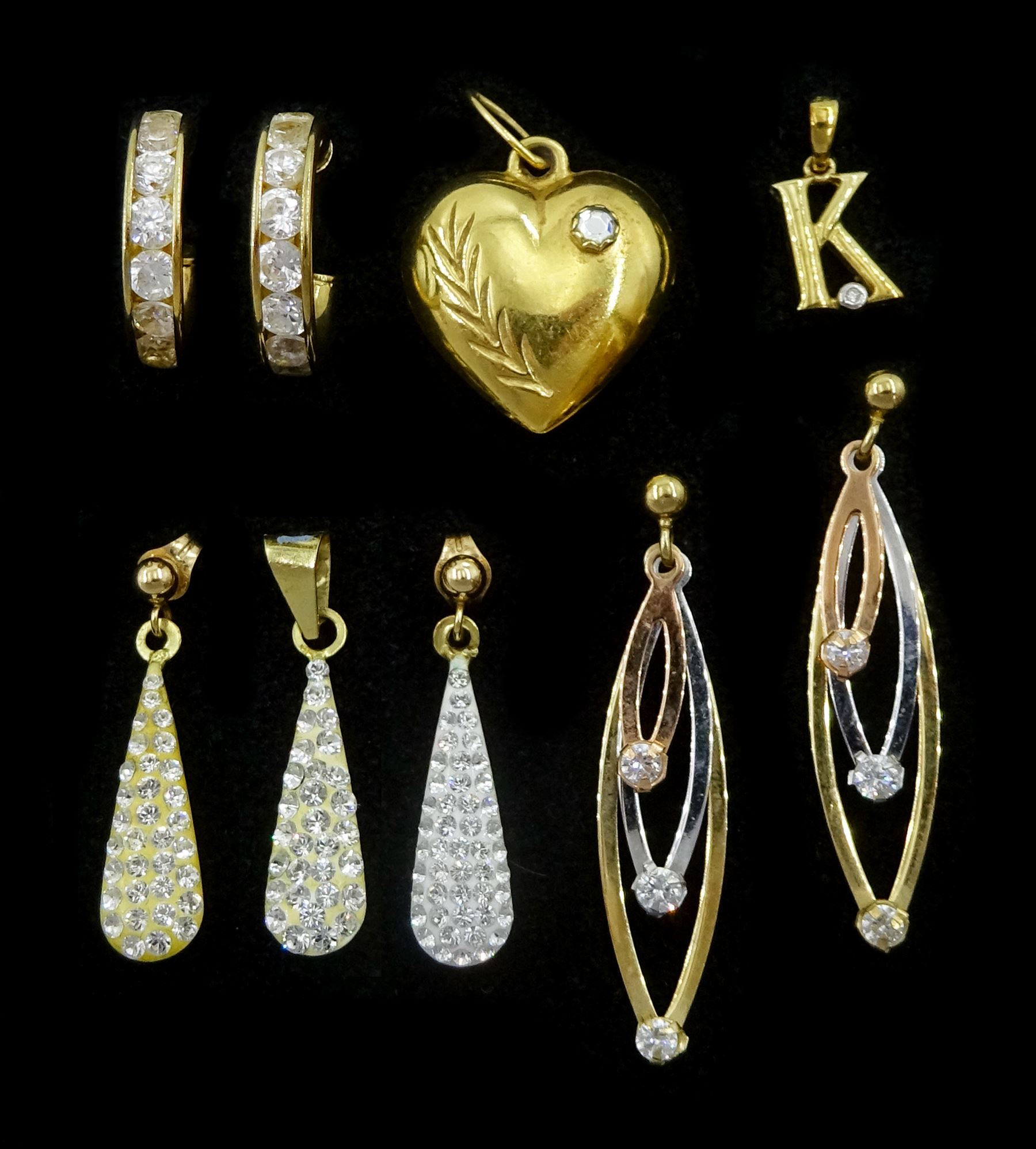 Four 9ct gold paste stone set pendant stud earrings, two 9ct gold pendants and an 18ct gold heart pendant