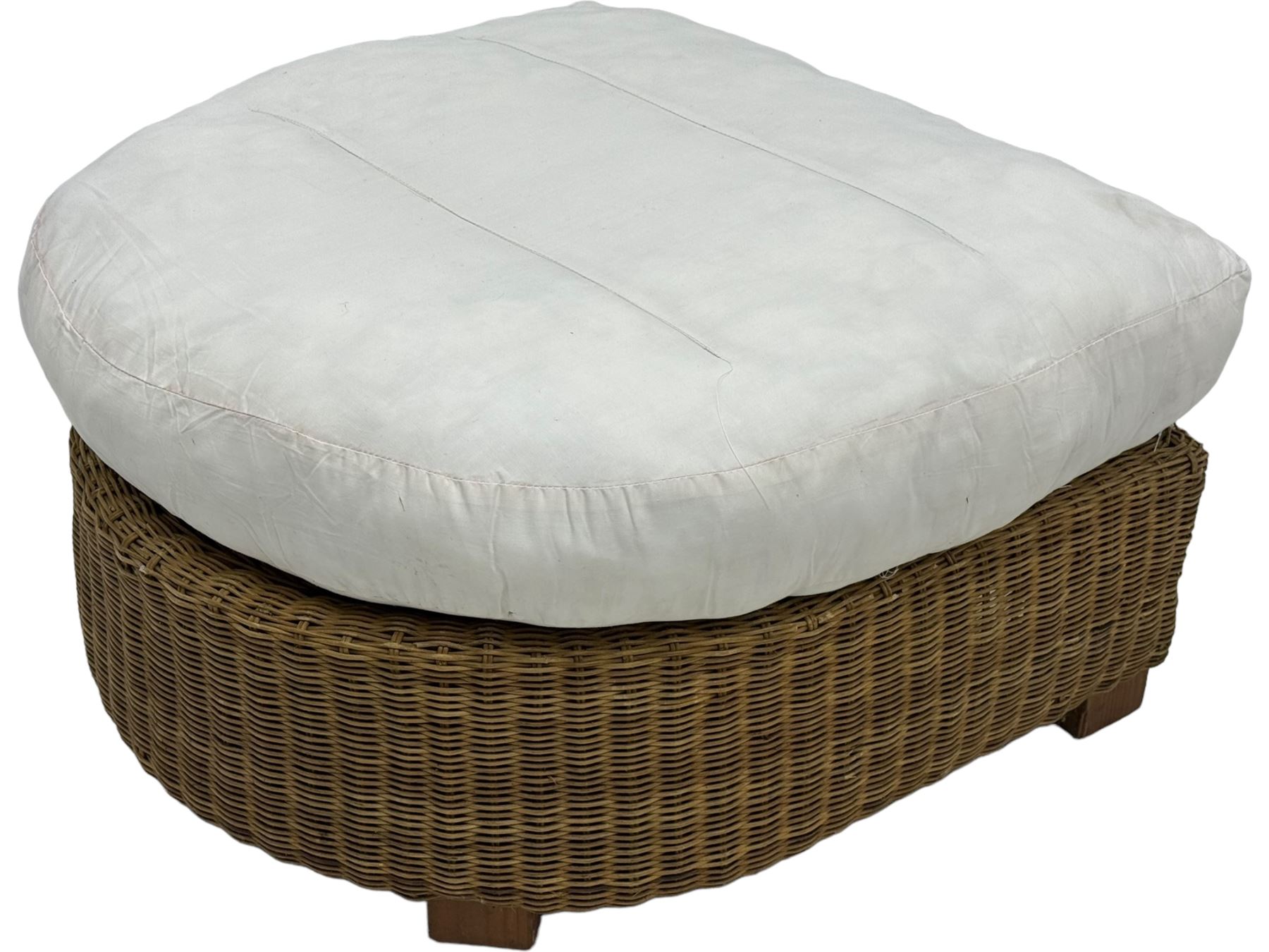 Rattan armchair and ottoman set, pair of armchairs featuring rounded backrests with wide armrests, woven wicker frame with weaving and upholstered seat cushions in off-white fabric with flowing floral pattern (W83 D80 H78cm); matching round ottoman with upholstered cushion on square wooden feet (W65 D65 H37cm)