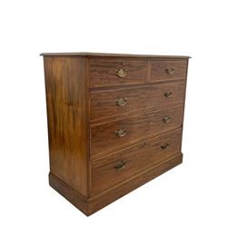 Late Victorian mahogany chest, moulded rectangular top over two short and three long graduating drawers, the drawer fronts inlaid with satinwood bands, boxwood and ebony stringing, on moulded plinth base 