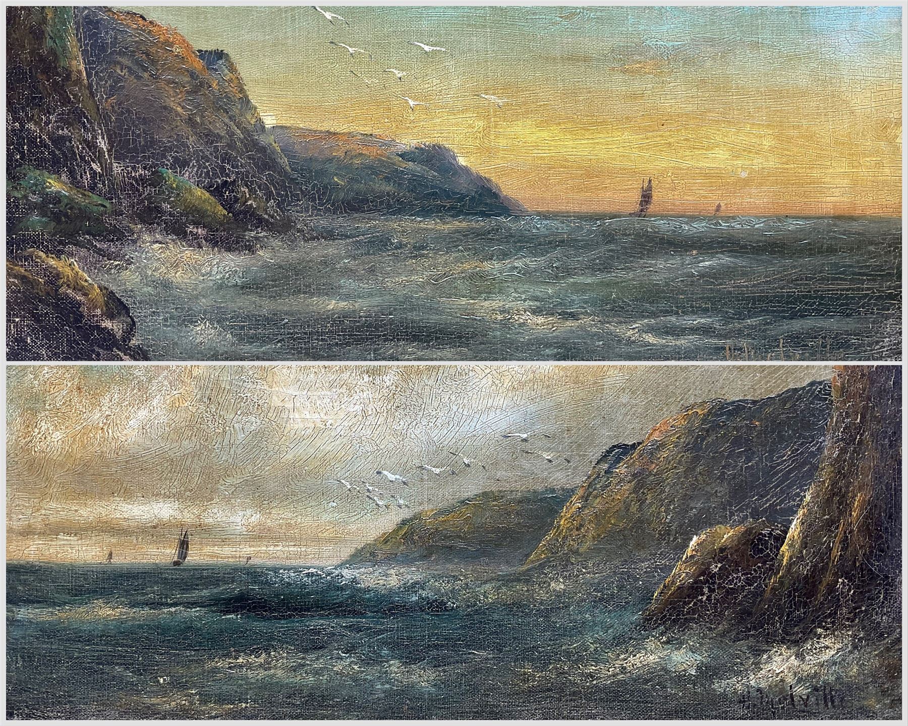 H Melville (British 19th Century): Seascapes at Sunset, pair oils on canvas signed 19cm x 39cm (2)