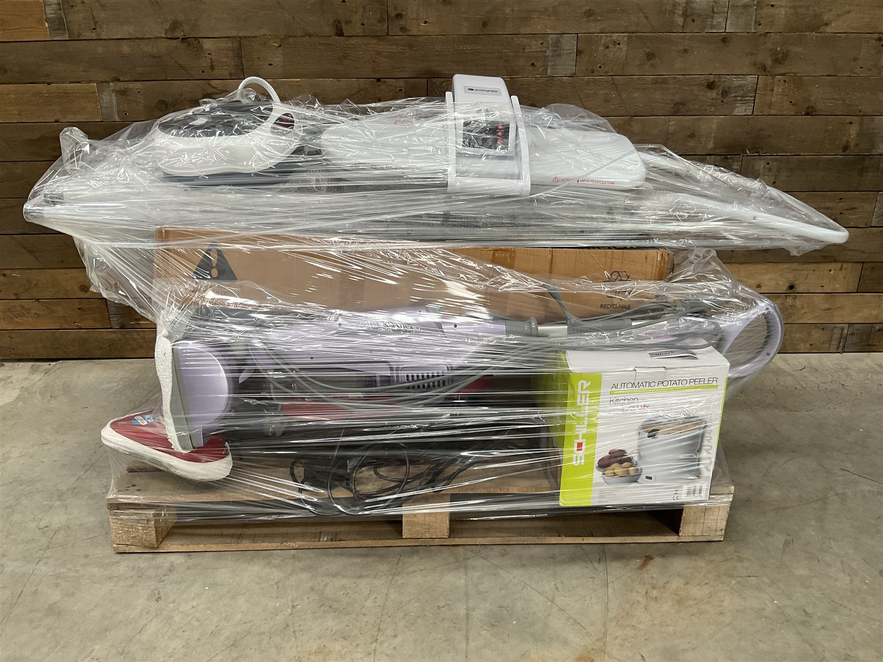 Four pallets of domestic goods to include, cleaning equipment, vacuums, exercise equipment, cooking items, Brother printer, garden loungers, irons and more… approx. 60 items