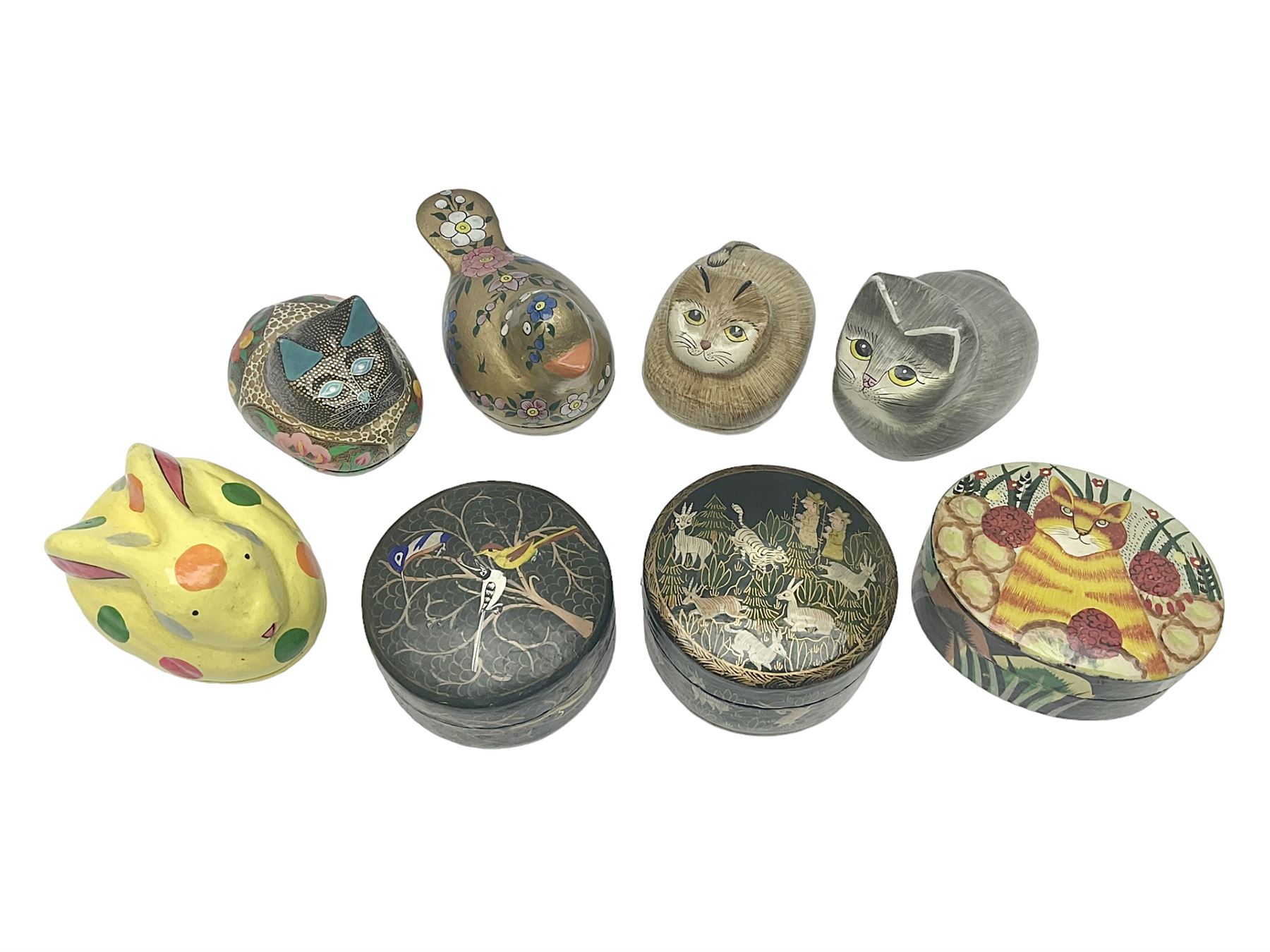 Eight lacquered boxes, including novelty painted boxes in the form of cats, rabbit and a bird, rabbit H7cm, L9cm